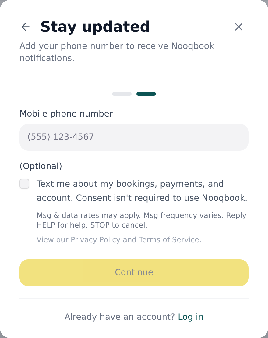 Screenshot of the Nooqbook SMS consent step during registration showing the optional checkbox labeled 'Text me about my bookings, payments, and account. Consent isn't required to use Nooqbook.', the disclosure 'Msg & data rates may apply. Msg frequency varies. Reply HELP for help, STOP to cancel.', and links to the Privacy Policy and Terms of Service